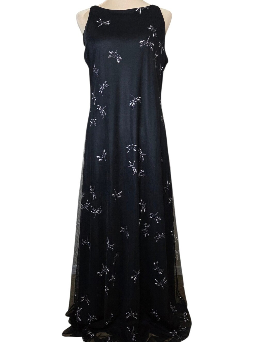 Y2K Dark Fairy Black Glitter Dragonfly Mesh Overlay Maxi Dress Whimsigoth